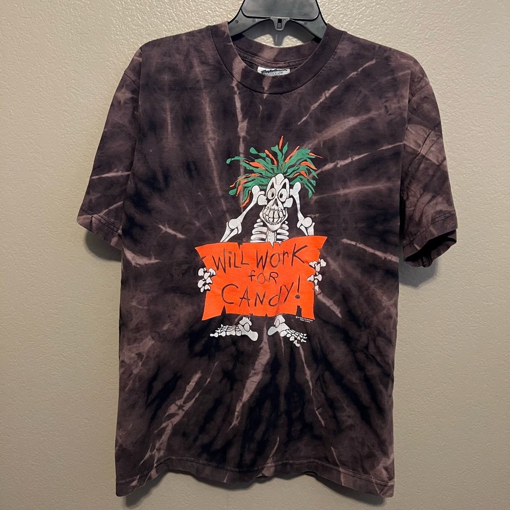 Vintage Brieland 1994 “will work for candy” skeleton t shirt